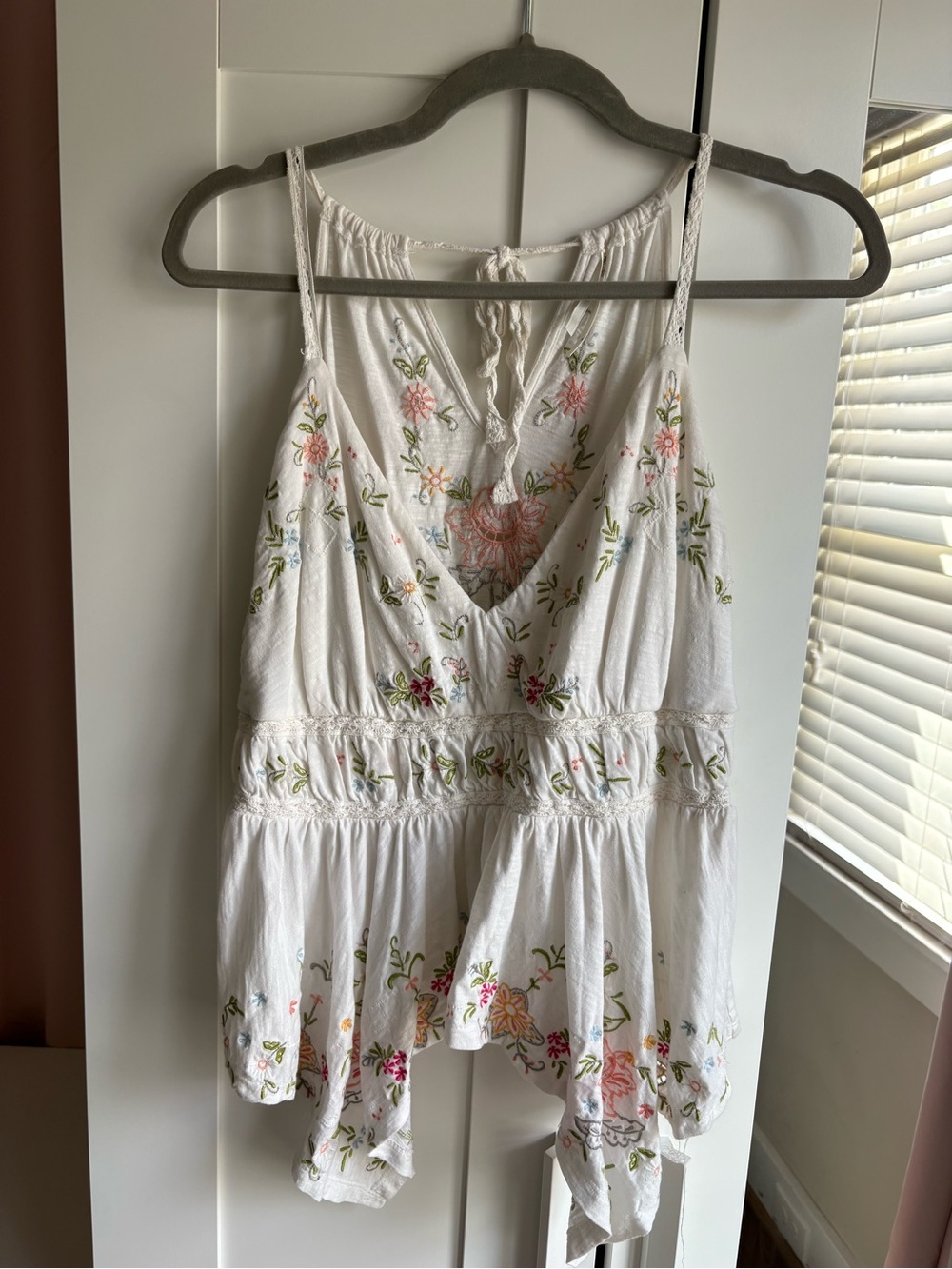Anthropologie White Floral Embroidered Tie-Strap Camisole